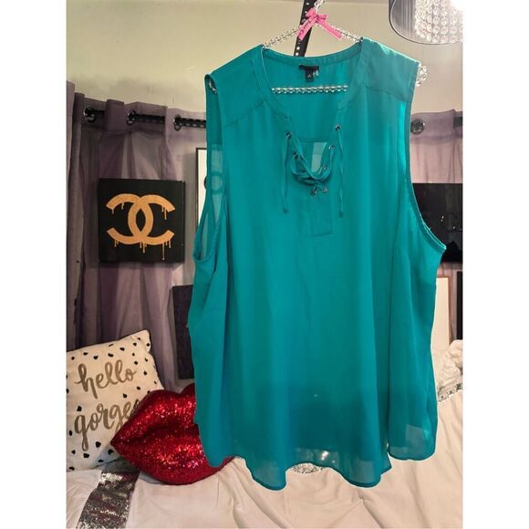 Peplum Harper Sleeveless Pullover Blouse torrid plus size 2 sheer aqua teal - Picture 3 of 5